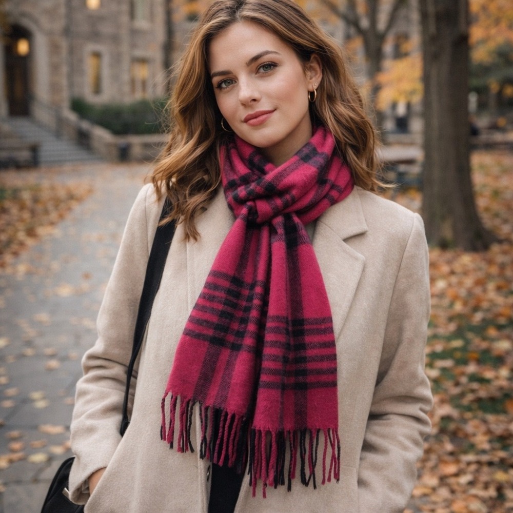 Vintage Echo Plaid Scarf‎ Pink Black Fringe Preppy Academia Wool Blend